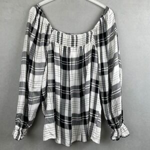 Como Vintage Womens Black White Plaid Smocked Square Neck Twee Blouse M New Read